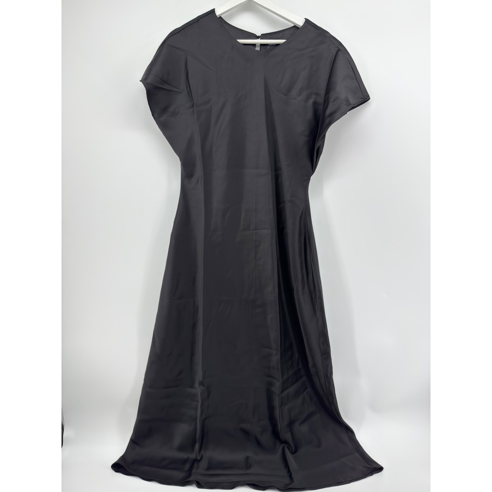 Zara Black Satin V-Neck Midi Dress Short Cap Sleeve Keyhole Back Size Large